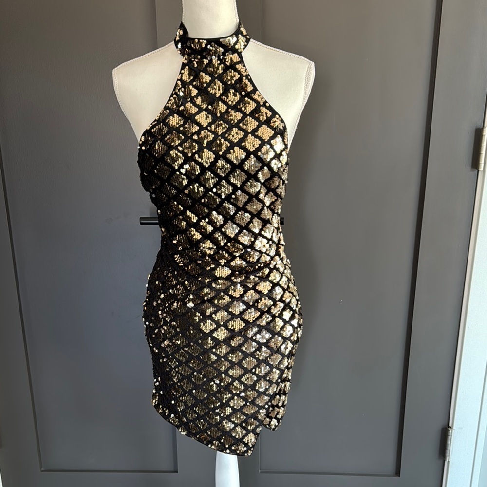 SHEIN Glittering Black and Gold Mini Dress